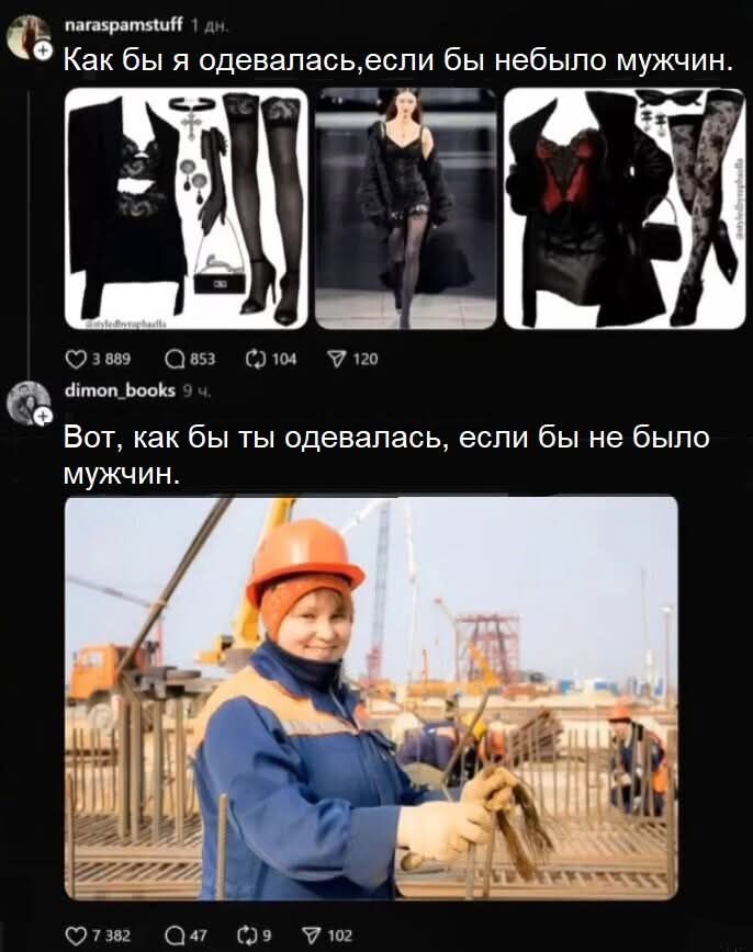 Как бы я одевалась, если бы небыло мужчин.

Вот, как бы ты одевалась, если бы не было мужчин.