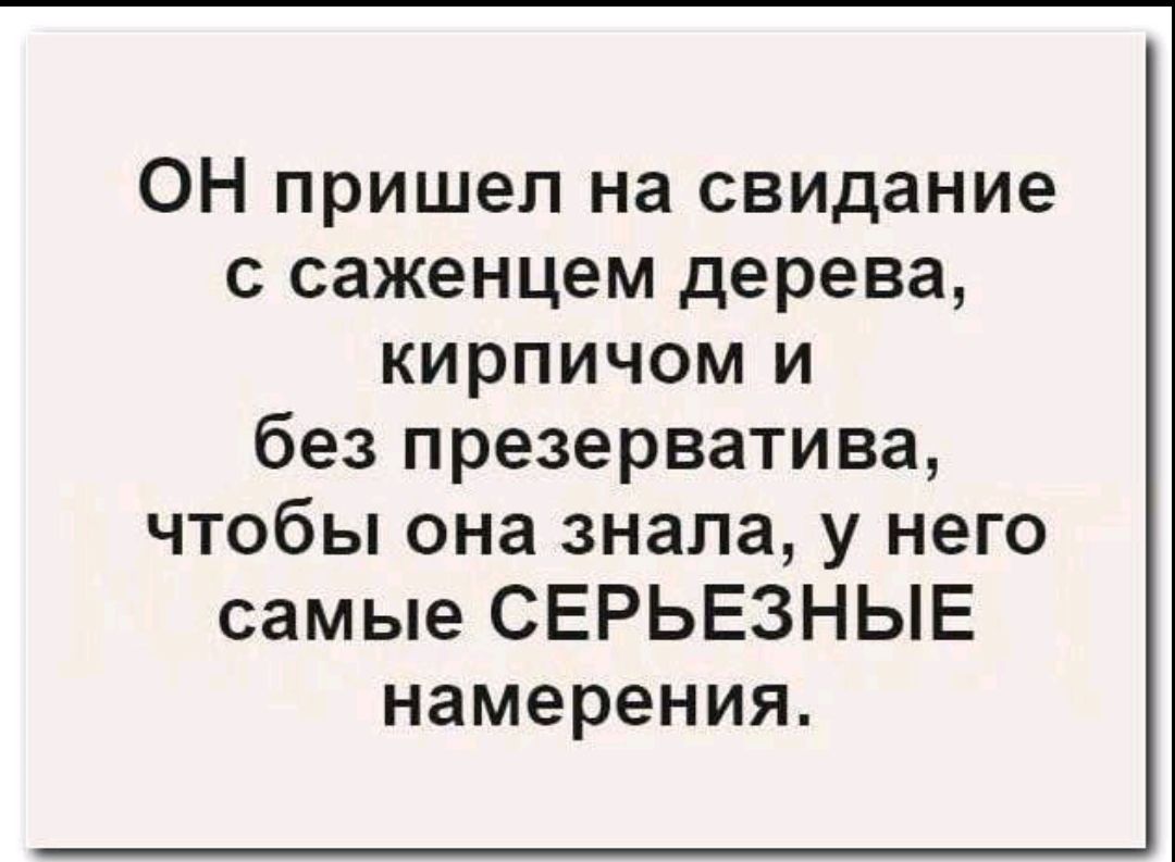 ОН пришел на свидание с саженцем дерева, кирпичом и без презерватива, чтобы она знала, у него самые СЕРЬЕЗНЫЕ намерения.