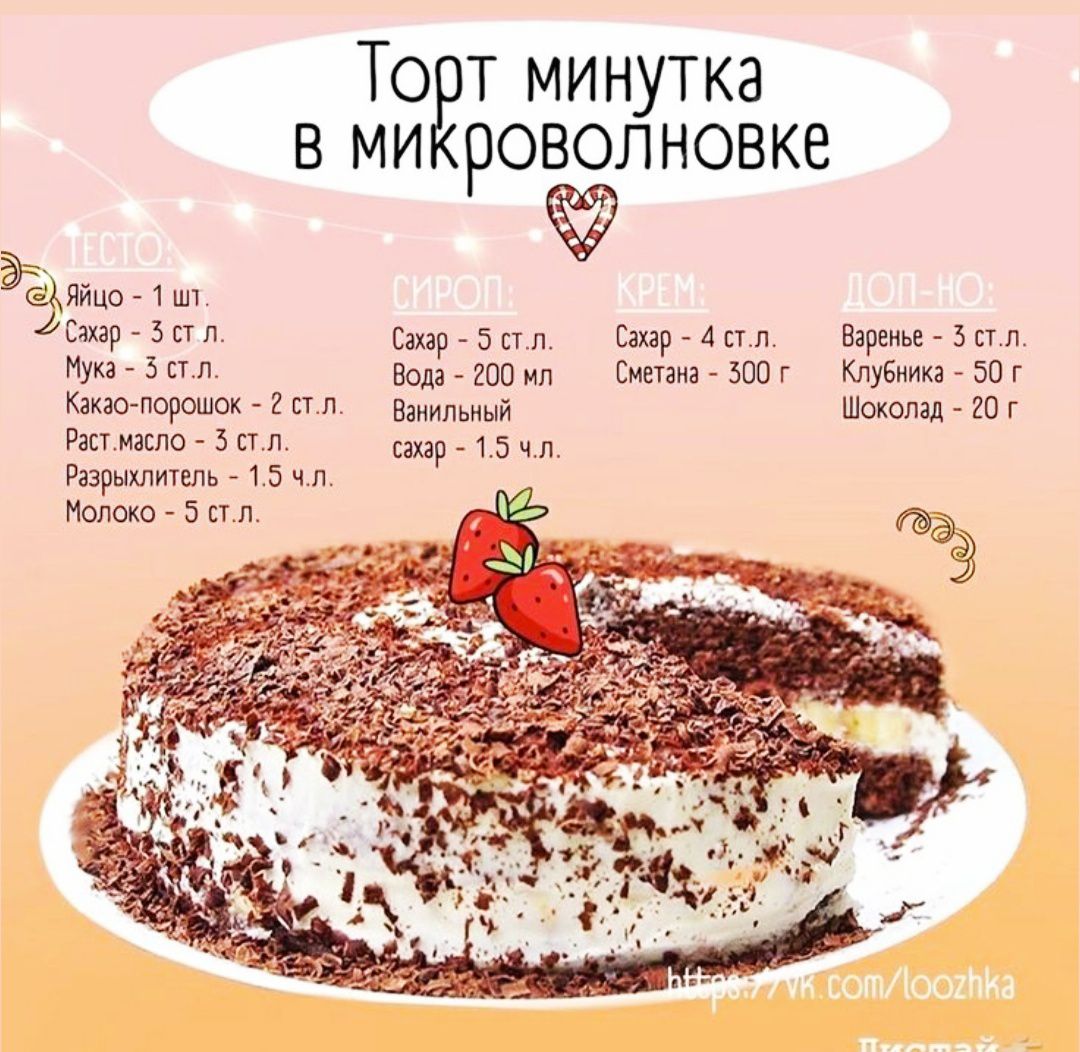 Торт минутка в микроволновке
Яйцо - 1 шт.
Сахар - 3 ст.л.
Мука - 3 ст.л.
Какао-порошок - 2 ст.л.
Растит. масло - 3 ст.л.
Молоко - 5 ст.л.

СИРОП:
Сахар - 5 ст.л.
Вода - 200 мл
Ванильный сахар - 1.5 ч.л.

КРЕМ:
Сахар - 4 ст.л.
Сметана - 300 г
Молоко - 50 мл
Сахар - 1.5 ч.л.

ДОП.-НО:
Варенье - 3 ст.л.
Клубника - 50 г
Шоколад - 20 г