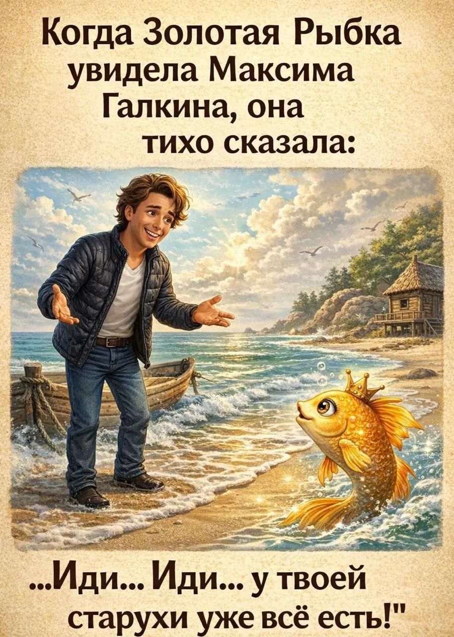 Когда Золотая Рыбка увидела Максима Галкина, она тихо сказала:\n...Иди.. Иди... у твоей старухи уже всё есть!