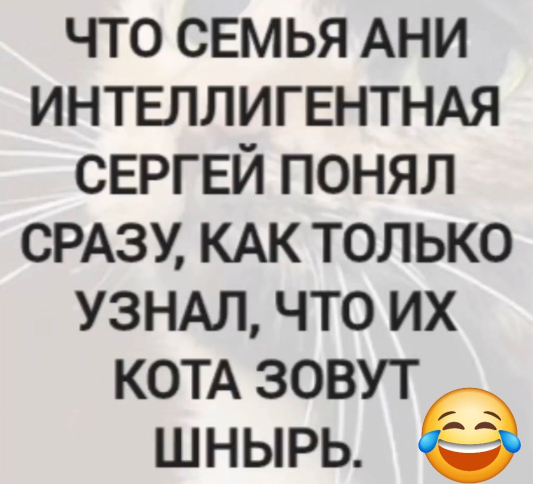ЧТО СЕМЬЯ АНI ИНТЕЛЛИГЕНТНАЯ СЕРГЕЙ ПОНЯЛ СРАЗУ, КАК ТОЛЬКО УЗНАЛ, ЧТО ИХ КОТА ЗОВУТ ШНЫРЬ.