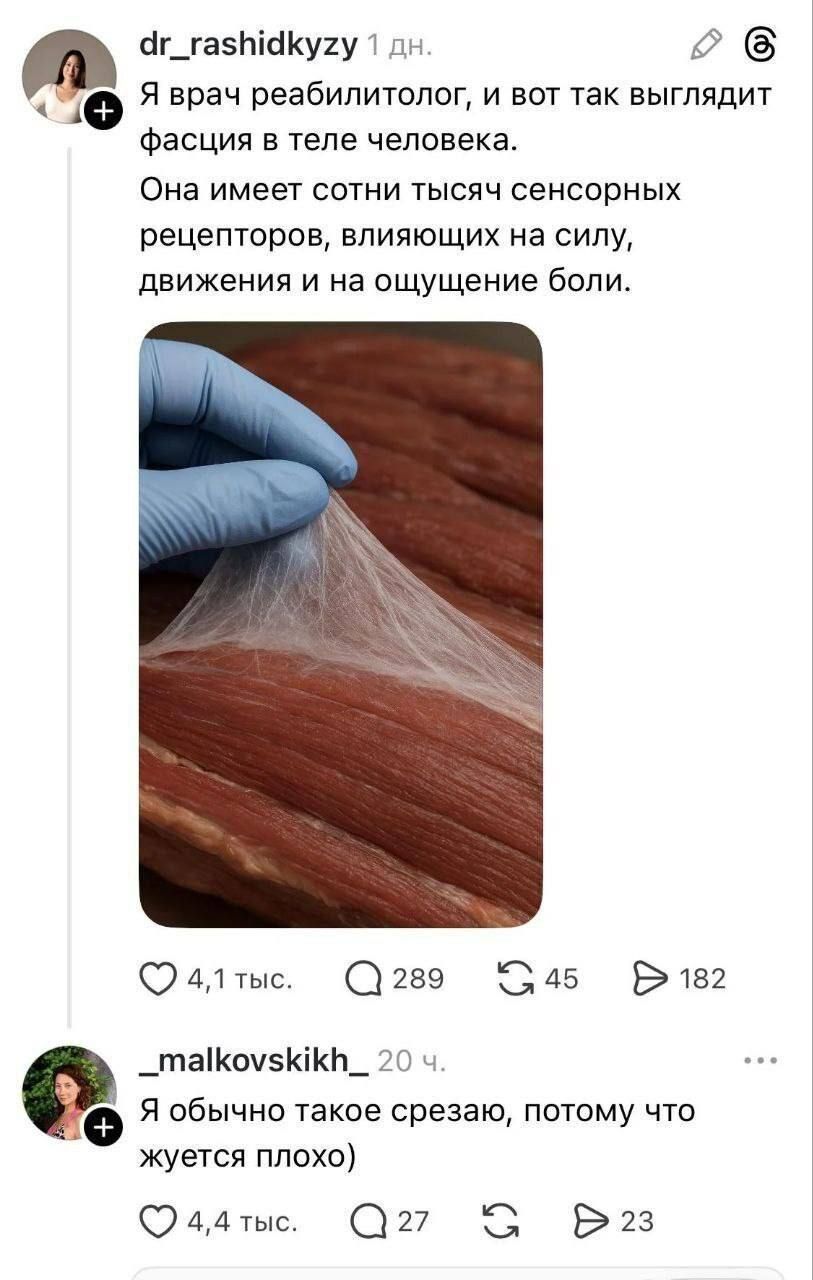 Я врач реабилитолог, и вот так выглядит фасция в теле человека. Она имеет сотни тысяч сенсорных рецепторов, влияющих на силу, движения и на ощущение боли.

[изображение ткани fascia]