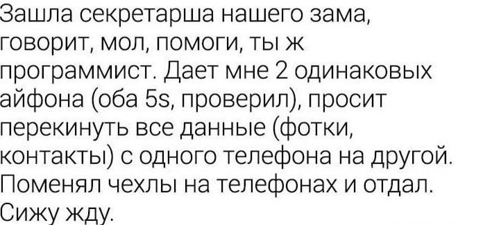 Зашла секретарша нашего зама, говорит, мол, помоги, ты же программист. Даёт мне 2 одинаковых айфона (оба 5s, проверил), просит перекинуть все данные (фотки, контакты) с одного телефона на другой. Поменял чехлы на телефонах и отдал. Сижу жду.