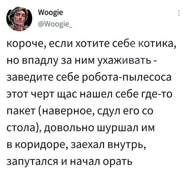 короче, если хотите себе котика, но впадлу за ним ухаживать - заведите себе робота-пылесоса этот черт щас нашел себе где-то пакет (наверное, сдул его со стола), довольно шуршал им коридоре, заехал внутрь, запутался и начал орать