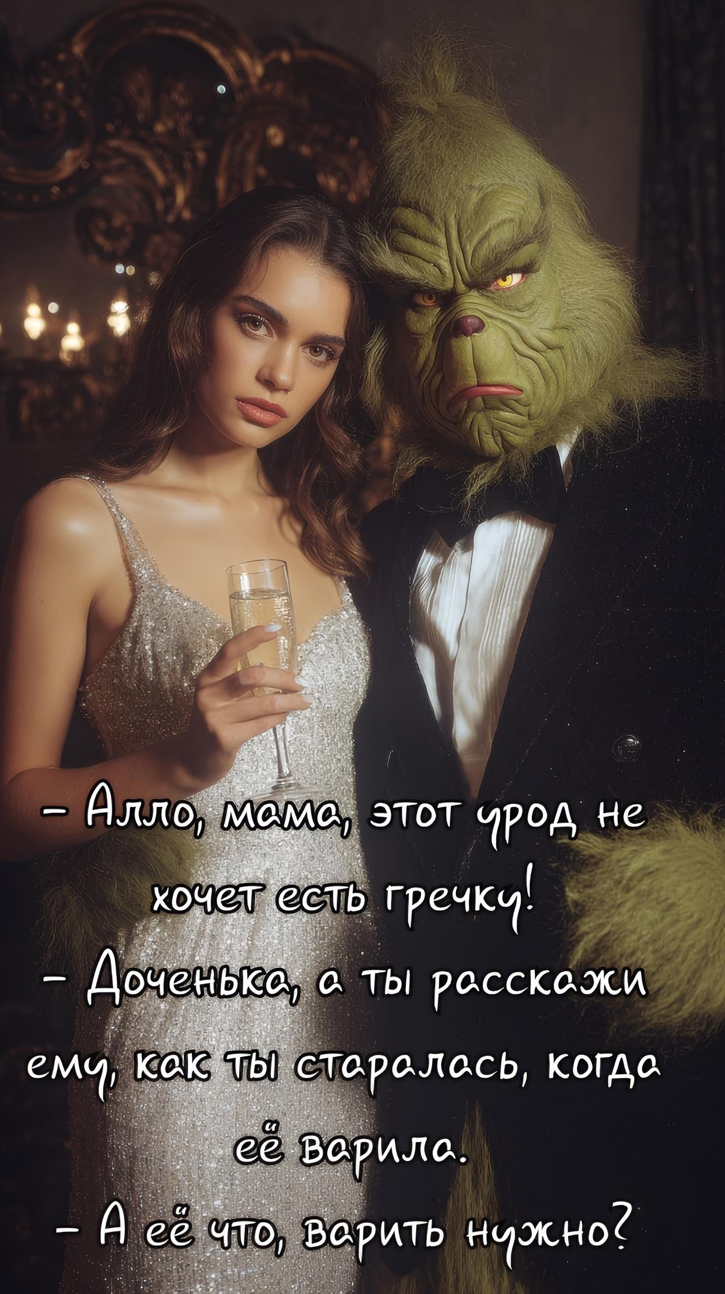- Алло, мама, этот урод не хочет есть гречку!
- Доченька, а ты расскажи ему, как ты старалась, когда её варила.
- А её что, варить нужно?
