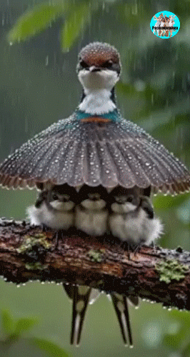 Птица укрывает птенцов под крылом в дождь.