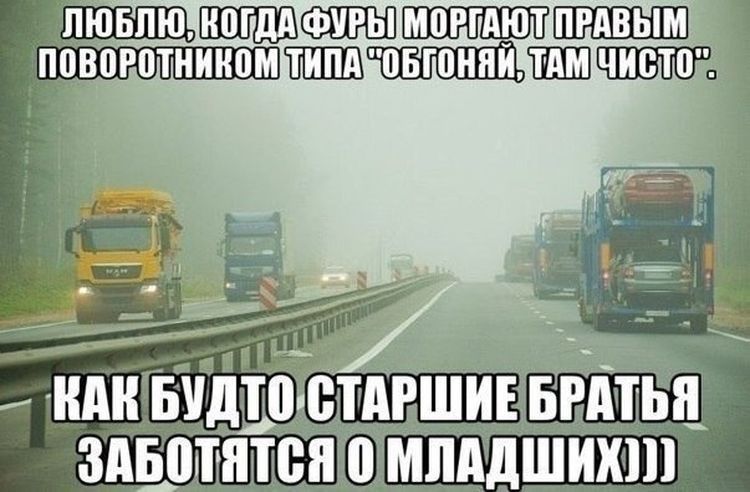 Лю́блю, когда фуры моргают правым поворотником типа «обгоняй, там чисто».\nКак будто старшие братья заботятся о младших)))