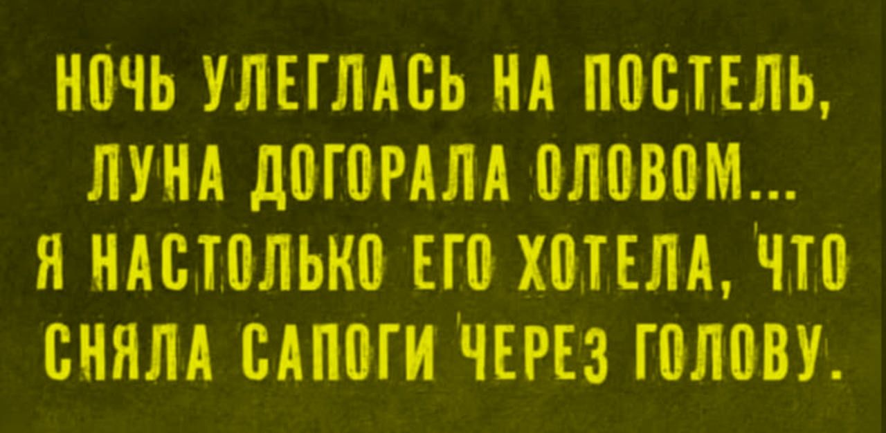 Ночь улеглась на постель, луна догорaла оловом... Я настолько его хотела, что сняла сапоги через голову.