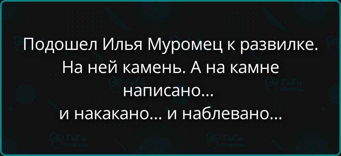 Подошёл Илья Муромец к развилке. На ней камень. На камне написано... и накакано... и наблевано...
