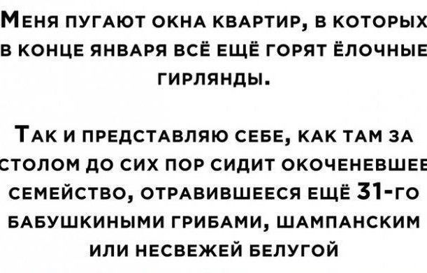 Меня пугают окна квартир, в которых в конце января всё ещё горят ёлочные гирлянды. Так и представляю себе, как там за столом до сих пор сидит окоченевшее семейство, отравившееся ещё 31-го бабушкиными грибами, шампанским или невесть белугой