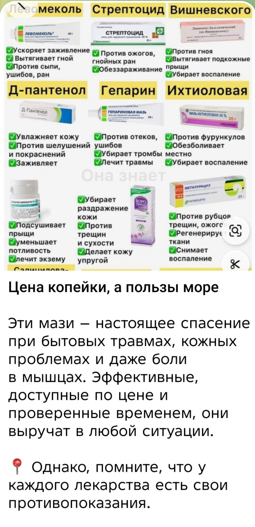 ЛЕВОМЕКОЛЬ Стрептоцид Вишневского

Ускоряет заживление
Вытягивает гной
Против гноящихся ран
Ушибы, раны, воспаления

Д-пантенол
Увлажняет кожу
Против шелушений и покраснений
Заживляет

Гепарин
Против отеков, ушибов
Убирает тромбы
Лечит травмы

Ихтиоловая мазь
Против фурункулов
Обезболивает местно
Убирает воспаление

...
Цена копейки, а пользы море
