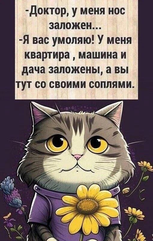 - Доктор, у меня нос заложен...\n- Я вас умоляю! У меня квартира , машина и дача заложены, а вы тут со своими соплями.