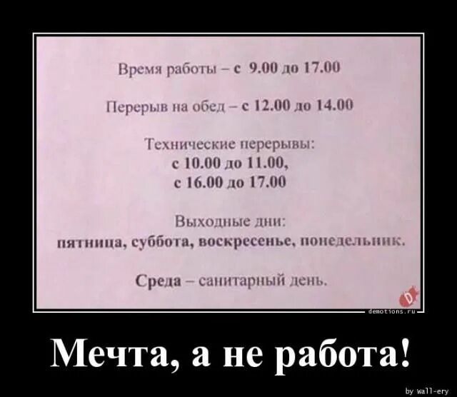 Время работы – с 9.00 до 17.00
Перерыв на обед – с 12.00 до 14.00
Технические перерывы:
с 10.00 до 11.00,
с 16.00 до 17.00
Выходные дни:
пятница, суббота, воскресенье, понедельник.
Среда – санитарный день.

Мечта, а не работа!