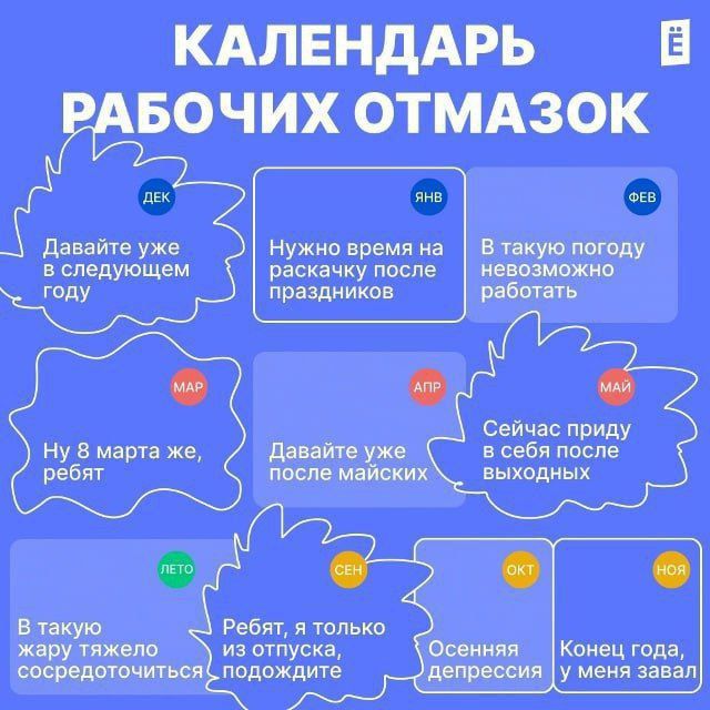 КАЛЕНДАРЬ РАБОЧИХ ОТМАЗОК
ДЕк  
ДАВАЙТЕ УЖЕ В СЛЕДУЮЩЕЕ ГОДУ
НУЖНО ВРЕМЯ НА РАСКАЧКУ ПОСЛЕ ПРАЗДНИКОВ
В ТАКУЮ ПОГОДУ НЕВОЗМОЖНО РАБОТАТЬ
Ну 8 марта же, ребят
ДАВАЙТЕ УЖЕ ПОСЛЕ МАЙСКИХ
СЕЙЧАС ПРИДУ В СЕБЯ ВЫХОДНЫЕ
В ТАКУЮ ЖАРУ ТЯГО ЛЕ ПОСОВЕТУЙТЕ
Ребята, я только из отпуска, подождите
Осенняя депрессия
Конец года, у меня завал