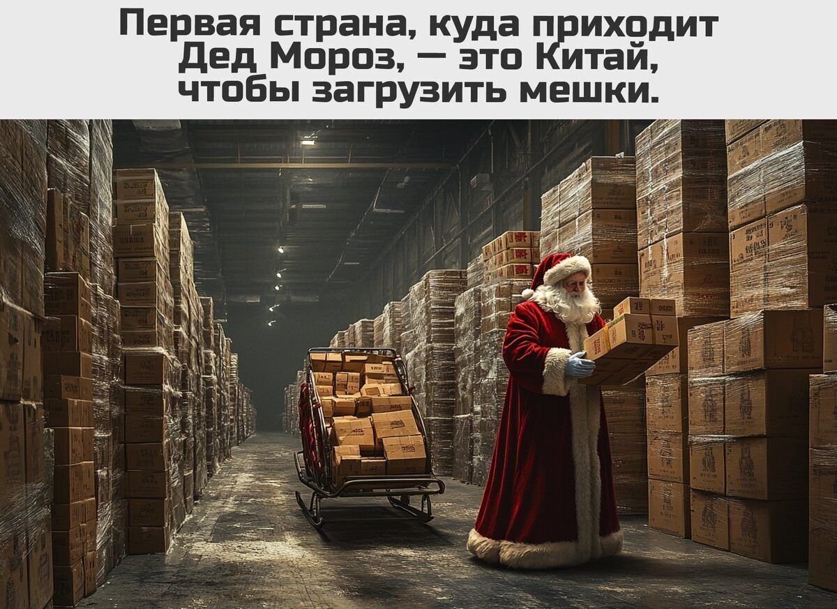 Первая страна, куда приходит Дед Мороз, — это Китай, чтобы загрузить мешки.