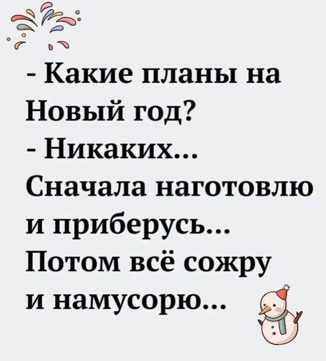 - Какие планы на Новый год?
- Никаких...
Сначала наготовлю и приберусь...
Потом всё сожру и намусорю...