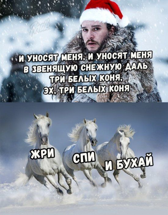И уносят меня, и уносят меня в звенящую снежную даль три белых коня, эх, три белых коня
Жри
Спи
И бухай