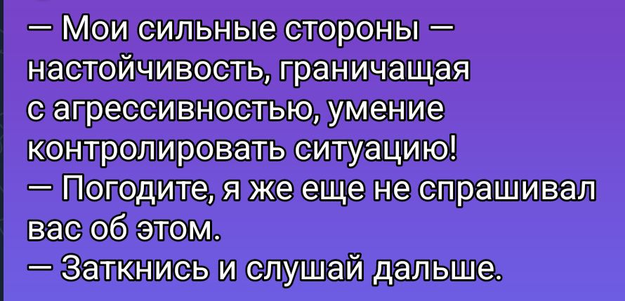 — Мои сильные стороны — настойчивость, граничащая с агрессивностью, умение контролировать ситуацию!
— Погоди, я же еще не спрашивал вас об этом.
— Заткнись и слушай дальше.