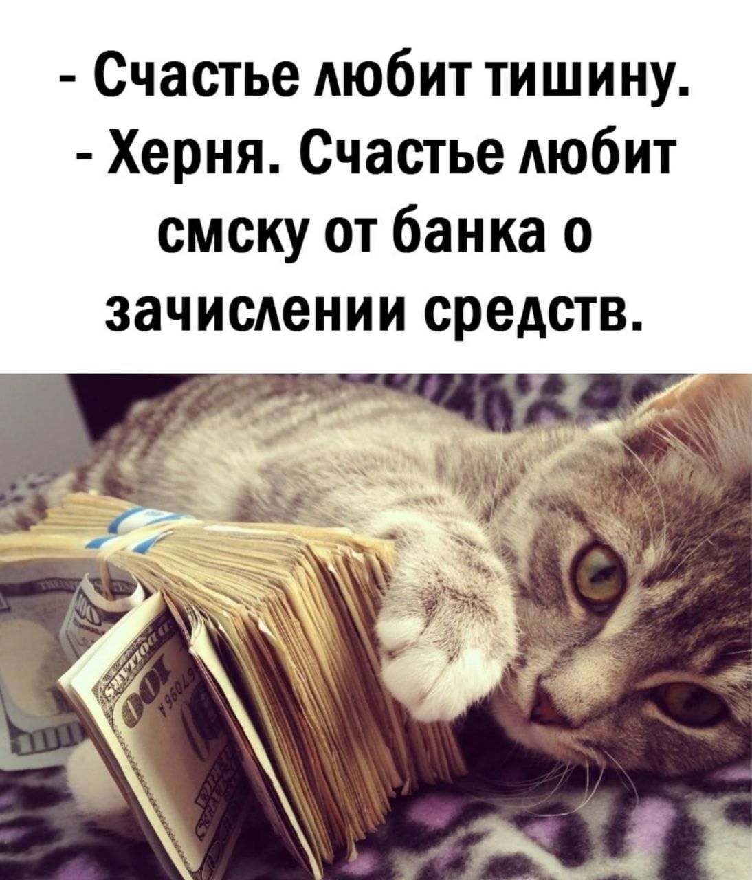 - Счастье любит тишину.\n- Херня. Счастье любит смску от банка о зачислении средств.