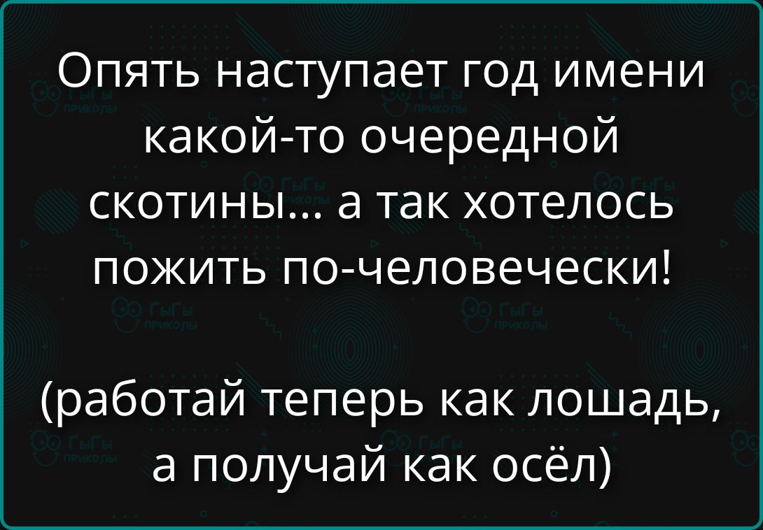 Опять наступает год имени какой-то очередной скотины... а так хотелось пожить по-человечески! (работай теперь как лошадь, а получай как осёл)