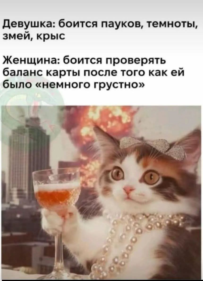 Девушка: боится пауков, темноты, змей, крыс

Женщина: боится проверять баланс карты после того как ей было «немного грустно»