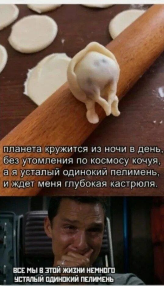 планета кружится из ночи в день, без устремления по космосу коцуя, а я усталый одинокий пелимень, и ждёт меня глубокая кастрюля. всё мы в этой жизни немножко усталый одинокий пелимень