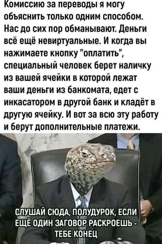 Комиссию за переводы я могу объяснить только одним способом. Нас до сих пор обманывают. Деньги всё ещё невиртуальные. И когда вы нажимаете кнопку 