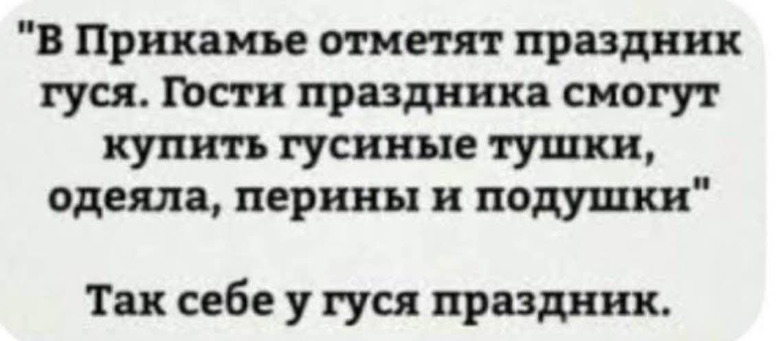 В Прикамье отметят праздник гуся. Гости праздника смогут купить гусиные тушки, одела, перины и подушки\nТак себе у гуся праздник.