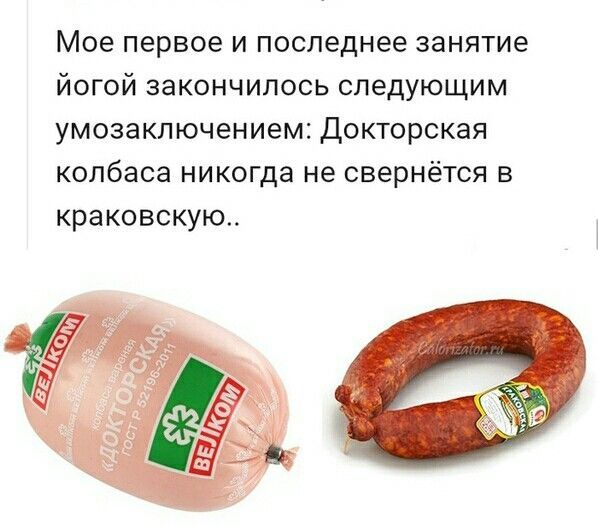 Мое первое и последнее занятие йогой закончилось следующим умозаключением: Докторская колбаса никогда не свернется в краковскую..