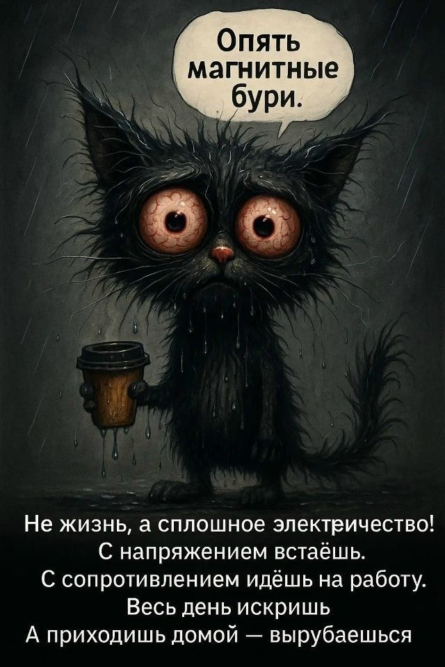 Опять магнитные бури.
Не жизнь, а сплошное электричество!
С напряжением встаёшь.
С сопротивлением идёшь на работу.
Весь день искришь
А приходишь домой — вырубаешься