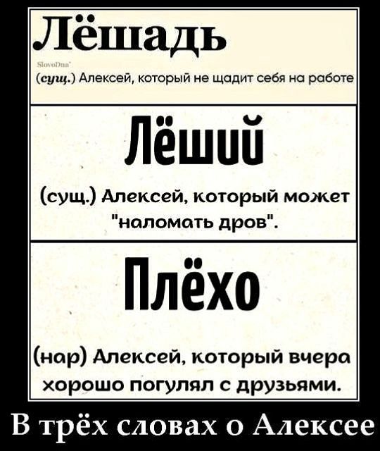 Лёша́дь (сущ.) Алексей, который не щадит себя на работе
Лёший (сущ.) Алексей, который может 