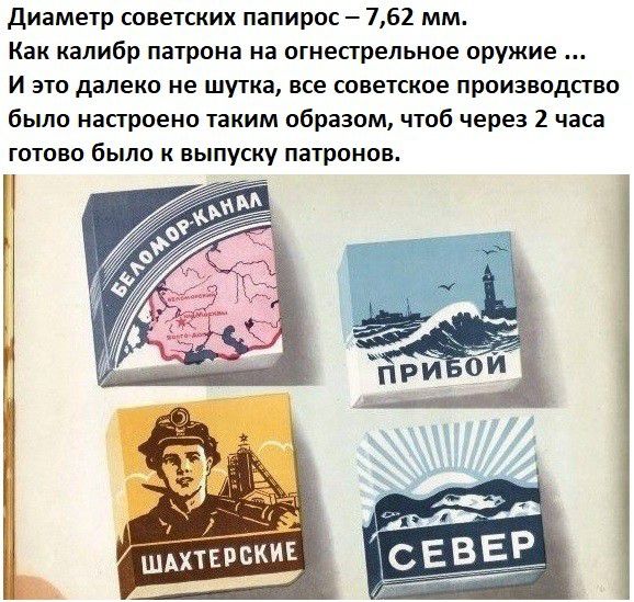 Диаметр советских папирос – 7,62 мм. Как калибр патрона на огнестрельное оружие ... И это далеко не шутка, все советское производство было настроено таким образом, чтоб через 2 часа готово было к выпуску патронов.