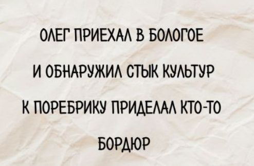 ОЛЕГ ПРИЕХАЛ В БОЛОГОЕ И ОБНАРУЖИЛ СТЫК КУЛЬТУР К ПО РЕБРИКУ ПРИДЕЛАЛ КТО-ТО БОРДЮР