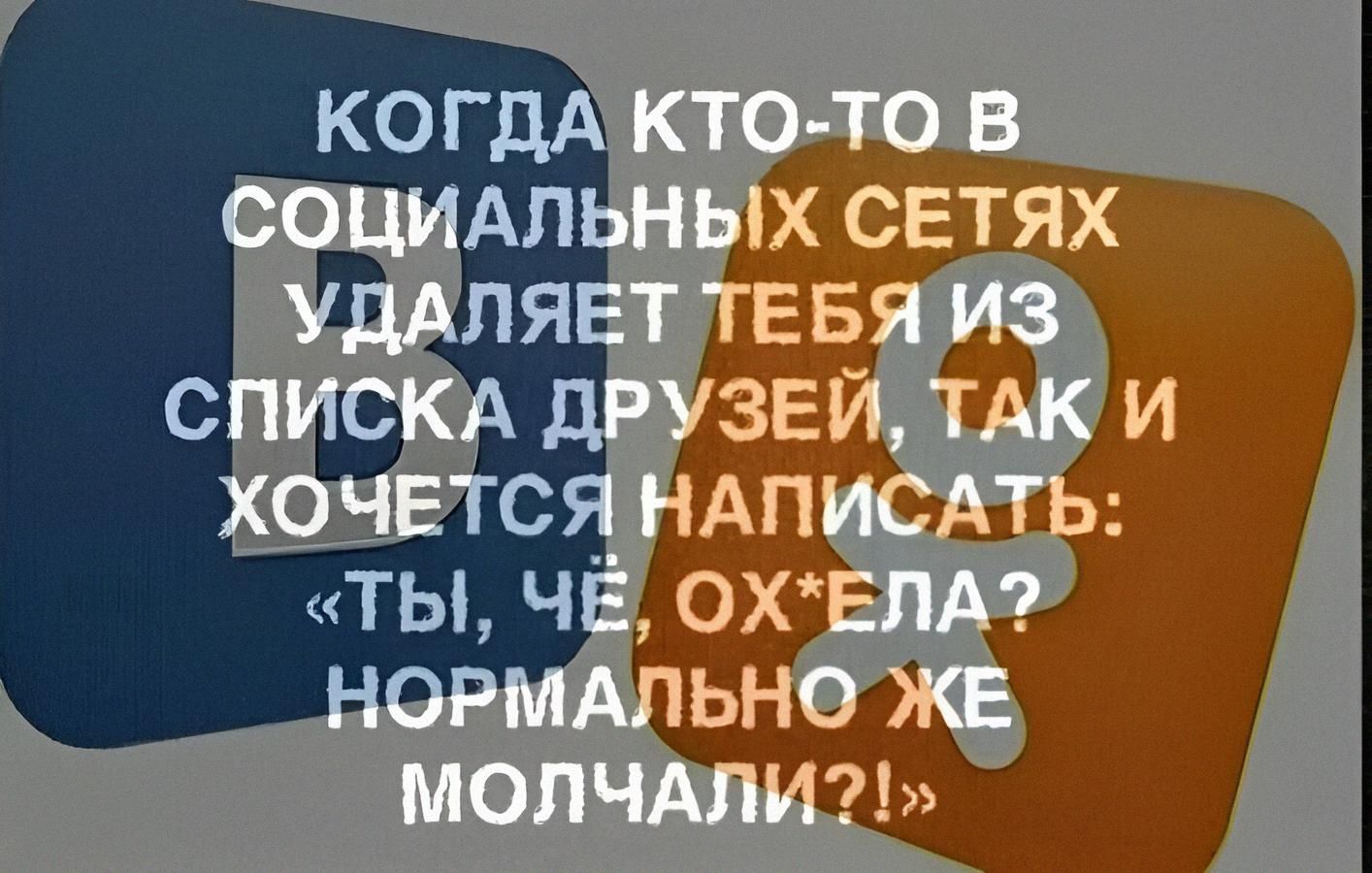 КОГДА КТО-ТО В СОЦИАЛЬНЫХ СЕТЯХ УДАЛЯЕТ ТЕБЯ ИЗ СПИСКА ДРУЗЕЙ, ТАК И ХОЧЕТСЯ НАПИСАТЬ: «ТЫ, ЧЁ, ОХ’ЕЛА? НОРМАЛЬНО ЖЕ МОЛЧАЛИ?!»