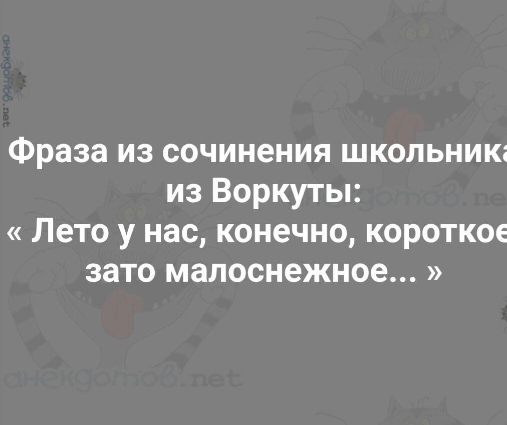 Фраза из сочинения школьника из Воркуты: « Лето у нас, конечно, короткое, зато малоснежное... »