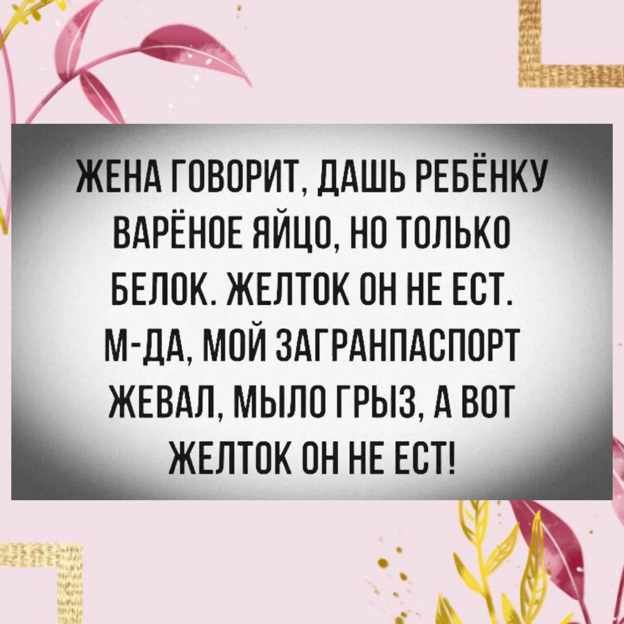 ЖЕНА ГОВОРИТ, ДАШЬ РЕБЁНКУ ВАРЁНОЕ ЯЙЦО, НО ТОЛЬКО БЕЛОК. ЖЕЛТОК ОН НЕ ЕСТ. М-ДА, МОЙ ЗАГРАНПАСПОРТ ЖЕВАЛ, МЫЛО ГРЫЗ, А ВОТ ЖЕЛТОК ОН НЕ ЕСТ!
