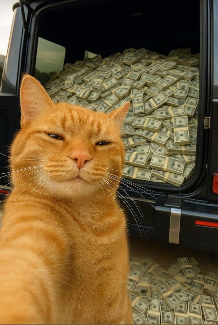 Рыжий кот на фоне багажника автомобиля, набитого пачками долларов.