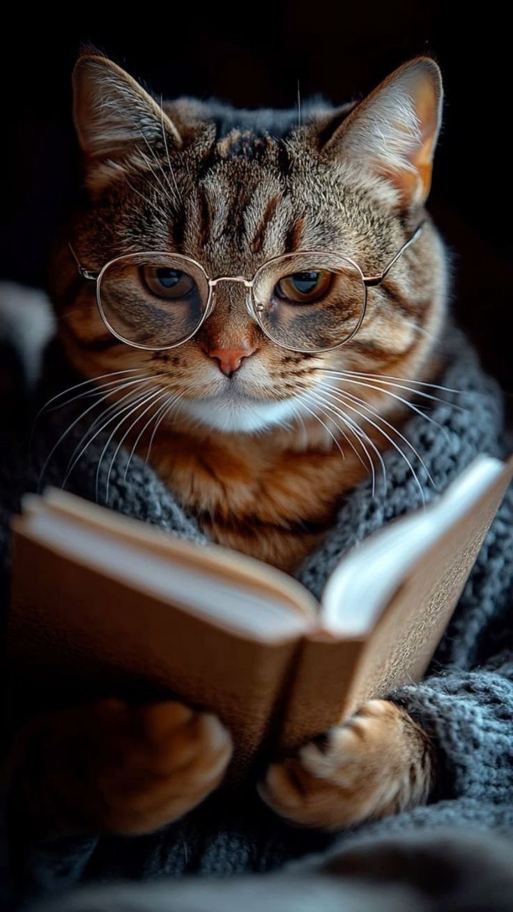 Кот в очках держит книгу