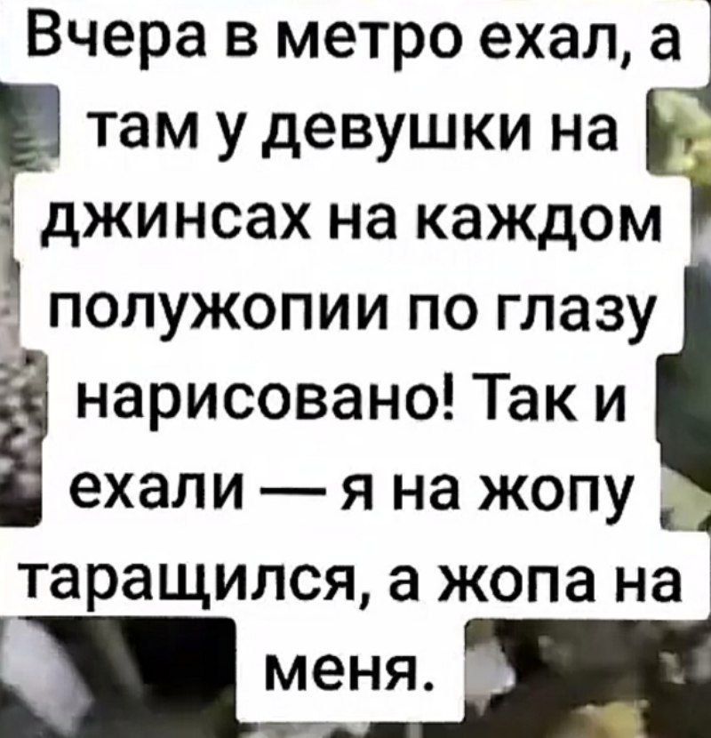 Вчера в метро ехал, а там у девушки на джинсах на каждом полузоне по глазу нарисовано! Так и ехали — я на жопу таращился, а жопа на меня.