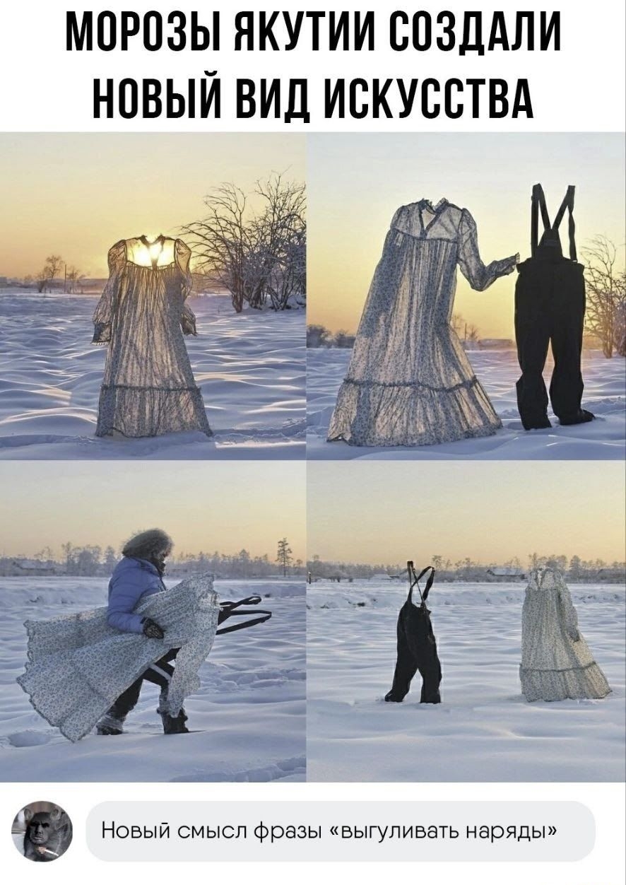 Морозы Якутии создали новый вид искусства
(четыре панельные кадра) Новый смысл фразы «выгуливать наряды»