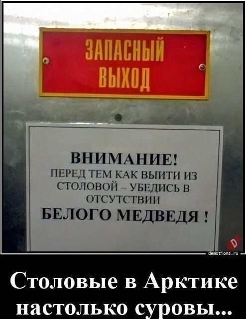 ЗАПАСНЫЙ ВЫХОД\n\nВНИМАНИЕ!\nПЕРЕД ТЕМ КАК ВЫЙТИ ИЗ СТОЛОВОЙ – УБЕДИСЬ В ОТСУТСТВИИ БЕЛОГО МЕДВЕДЯ!\n\nСтоловые в Арктике настолько суровы...