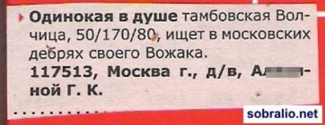 Одинокая в душе тамбовская Волчица, 50/170/80, ищет в московских дебрях своего Вожака. 117513, Москва г., д/в, А...ной Г. к.