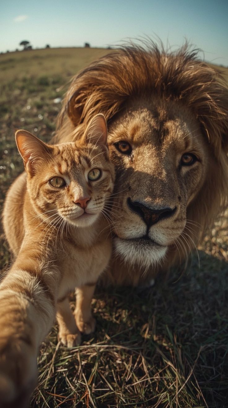 На фото лев и кот на открытом поле; крупным планом показать близко к камере, как лев и кот вместе выглядывают в объектив.