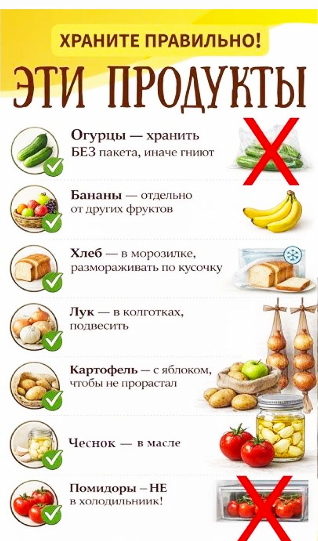 ХРАНИТЕ ПРАВИЛЬНО!\nЭТИ ПРОДУКТЫ\nОгурцы — хранить БЕЗ пакета, иначе гниют\nБананы — отдельно от других фруктов\nХлеб — в морозилке, размораживать по кусочку\nЛук — в колготках, подвесить\nКартофель — с яблоком, чтобы не прорастал\nЧеснок — в масле\nПомидоры — НЕ в холодильник!