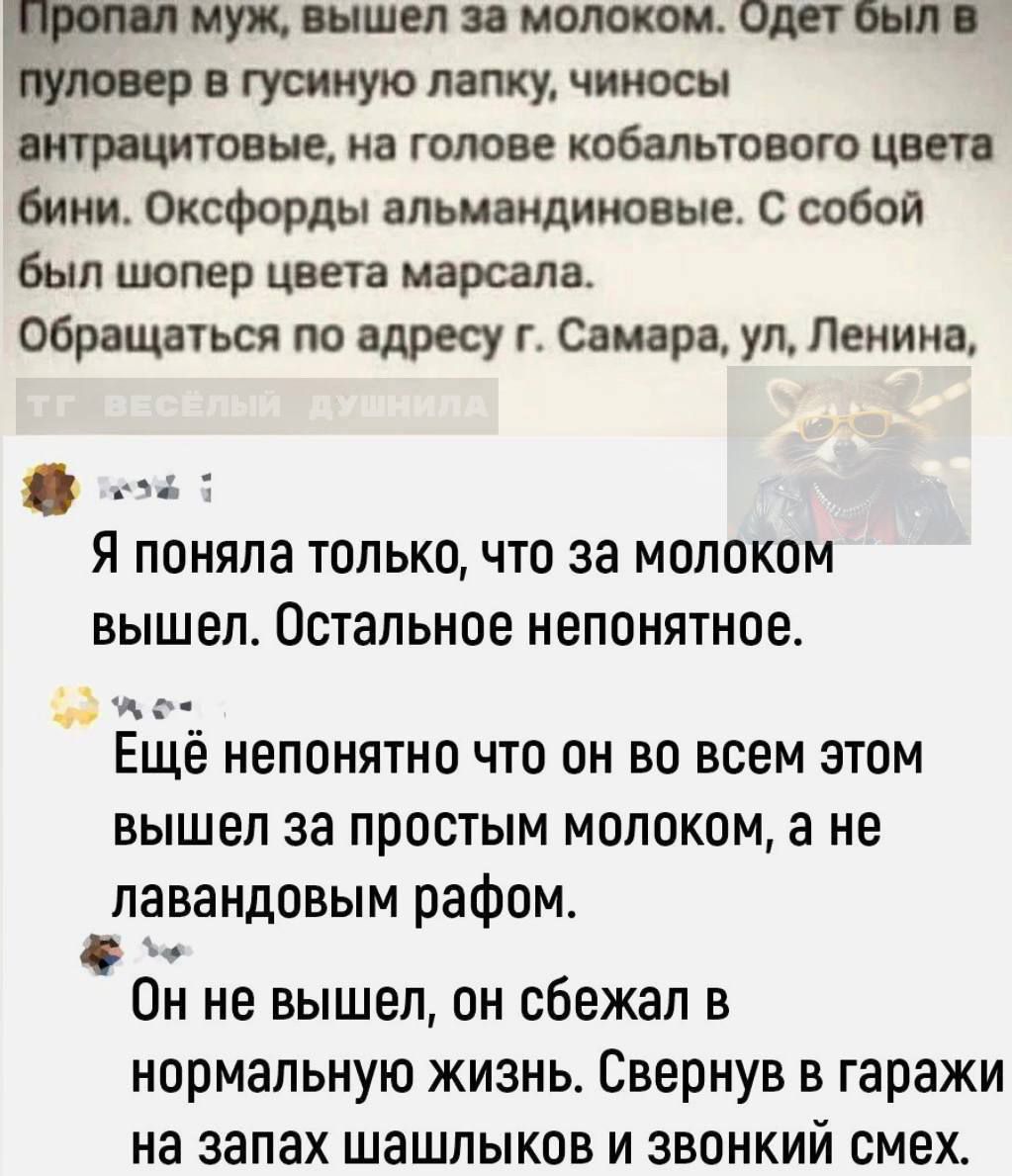 Пропал муж, вышел за молоком. Одет был в пуловер в гусиную лапку, чинусы антрацитовые, на голове кобальтового цвета бини. Оксфорд альмандиновые. С собой был шарф цвета марсала. Обращаться по адресу г. Самара, ул. Ленина, 

Я понял только, что за молоком вышел. Остальное непонятное. Ещё непонятно что он во всем этом вышел за простым молоком, а не ла