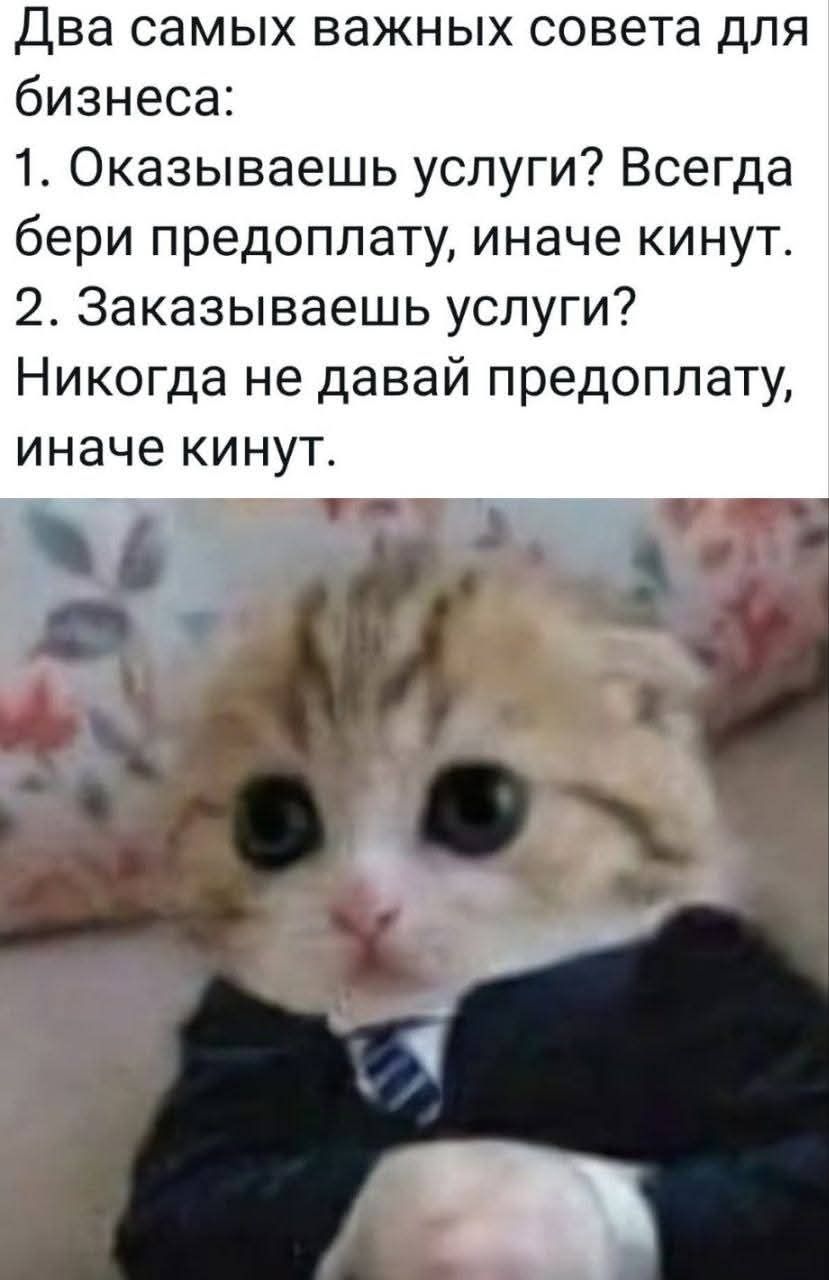 Два самых важных совета для бизнеса: 1. Оказываешь услуги? Всегда бери предоплату, иначе кинут. 2. Заказываешь услуги? Никогда не давай предоплату, иначе кинут.