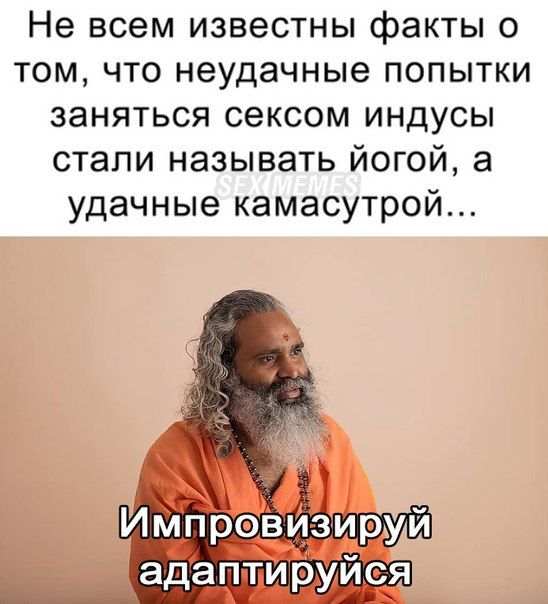 Не всем известны факты о том, что неудачные попытки заняться сексом индусы стали называть йогой, а удачные камасутрой...

Импровизируй адаптируйся