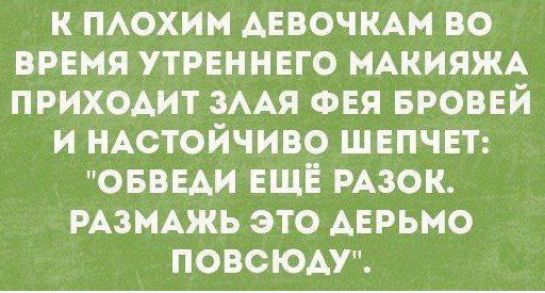 К ПОХЛОХИМ ДЕВОЧКАМ ВО ВРЕМЯ УТРЕННЕГО МАКИЯЖА ПРИХОДИТ ЗЛАЯ ФЕЯ БРОВЕЙ И НАСТОЙЧИВО ШЕПЧЕТ: 