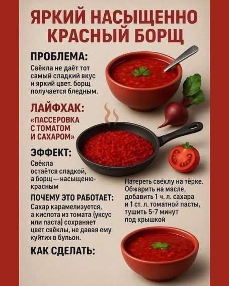 ЯРКИЙ НАСЫЩЕННО КРАСНЫЙ БОРЩ

ПРОБЛЕМА:
Свёкла не даёт тот самый сладкий вкус и яркий цвет. борщ получается бледным.

ЛАЙФХАК: «ПАССЕРОВКА С ТОМАТОМ И САХАРОМ»

ЭФФЕКТ:
Свёкла остаётся сладкой, а борщ — насыщенно-красным

ПОЧЕМУ ЭТО РАБОТАЕТ:
Сахар карамелизуется, а кислота из томата (уксус или паста) сохраняют цвет свеклы, не давая ему «уйти» в бу