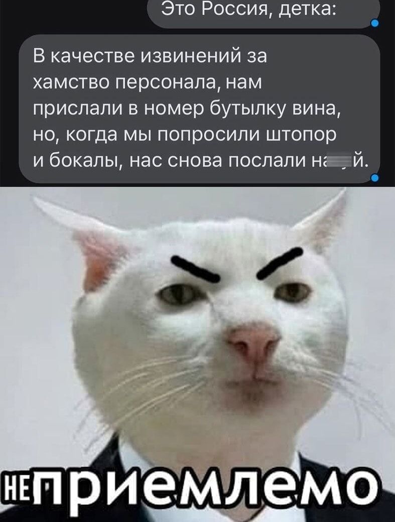 Это Россия, детка:
В качестве извинений за хамство персонала, нам прислали в номер бутылку вина, но, когда мы попросили штопор и бокалы, нас снова послали на й.
неприемлемо